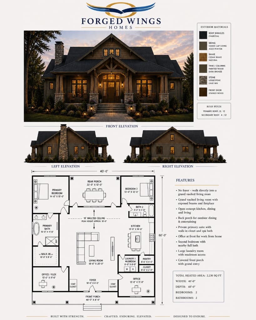 Craftsman plan sheet: front rendering, left and right elevations, and a 2,230 sq ft floor plan with exterior material selections
